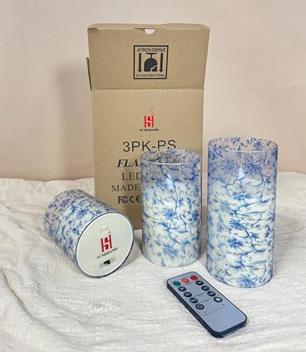 Image of Flickering Flameless Candles Blue Floral Print, Embedded Star String Lights, Battery Operated Acrylic LED Pillar Candles with 11-Key Remote and Timer for Home Decoration, 3 Pack