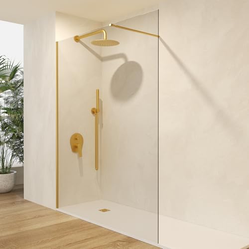 IMEX   Mampara Ducha Fija Dorada 80cm Frontal con Brazo de Sujeción | Mampara de Cristal Antical y Perfilería de Aluminio con 195cm de Altura | Vidrio con Grosor 6mm y Sistema de Montaje Fácil