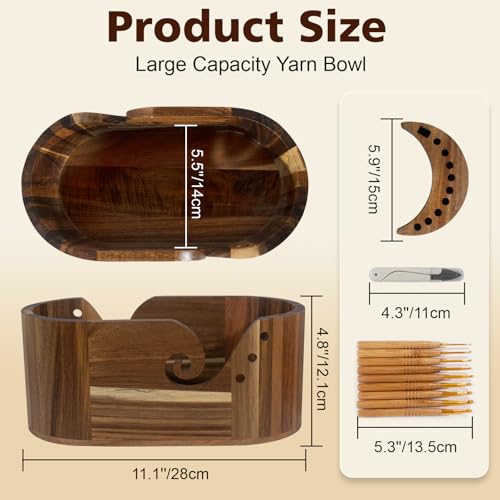 Image of Wooden Yarn Bowl, Craft Knitting Yarn Bowls for Crocheting w /9pcs Knitting Hooks, Sewing Scissors & Crochet Tool Holder, Oval Large Crochet Yarn Holder for Knitting Lovers(11.1x6x4.8in, Acacia Wooden)