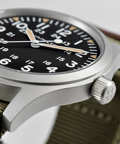 Image of Hamilton Khaki Field Mechanical Men's Watch, 42mm Stainless Steel Case, Swiss Made, Black Dial Analog Wrist Watch for Men, 50m Waterproof, Sapphire Crystal, Textile Strap