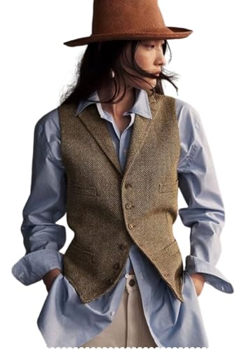 DRAHANCE Womens Herringbone Tweed Waistcoat Lapel Sleeveless Blazers V Neck Work Office Suit Vests Khaki