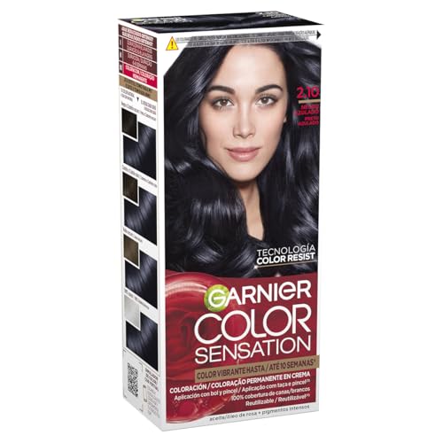 Garnier Color Sensation - Tinte Permanente Negro Azulado 2.10, disponible en más de 20 tonos, El embalaje puede variar