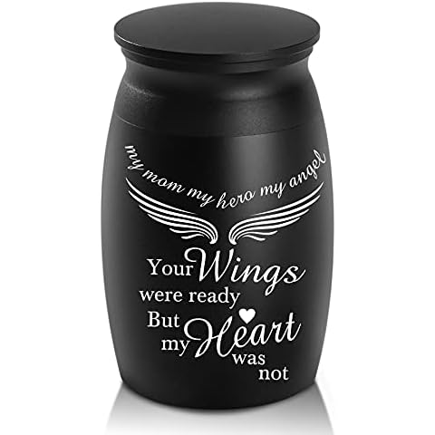 Urns for Mom Ashes, 2.8“ High Small Keepsake Urns, Beautiful Peaceful Handcrafted Memorial Decorative Urns, Engraved Your Wings were Ready, But My Heart was Not Cremation Urns for Sharing Cover