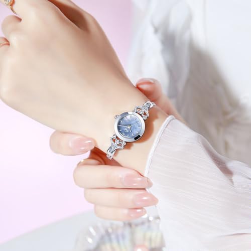 CARLIEN Womens Small Elegant Simple Luxury Rhinestone Pearl Dial Quartz Watch Lightweight Alloy Steel Mesh Strap Fashion Ladies Wrist Watch (Silver Blue) by CARLIEN - Used condition - Image 4