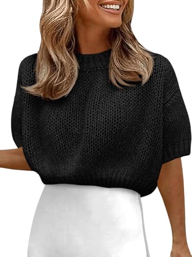 Fisoew Puff Short Sleeve Cropped Sweater for Women Knit Crewneck Trendy Crop Tops Black