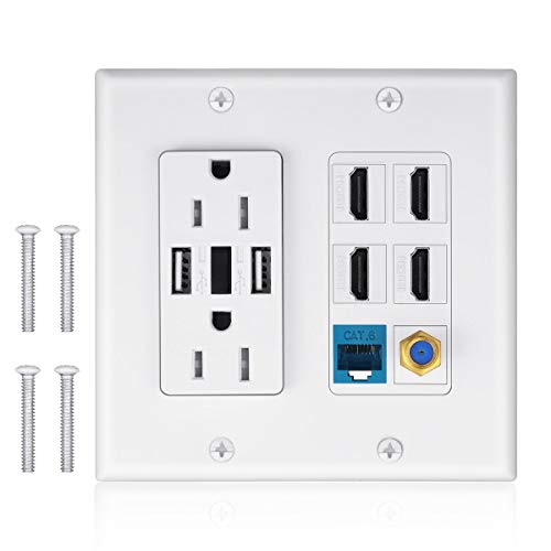2 Power Outlet 15A with Dual 2.4A USB Charger Port Wall Plate