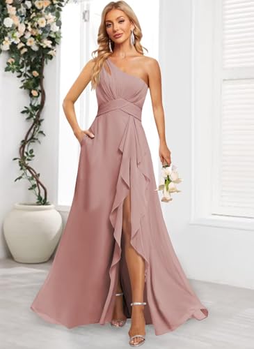 Women's One Shoulder Bridesmaid Dress with Pockets Long Chiffon Prom Dress with Split A Line Evening Gown S453