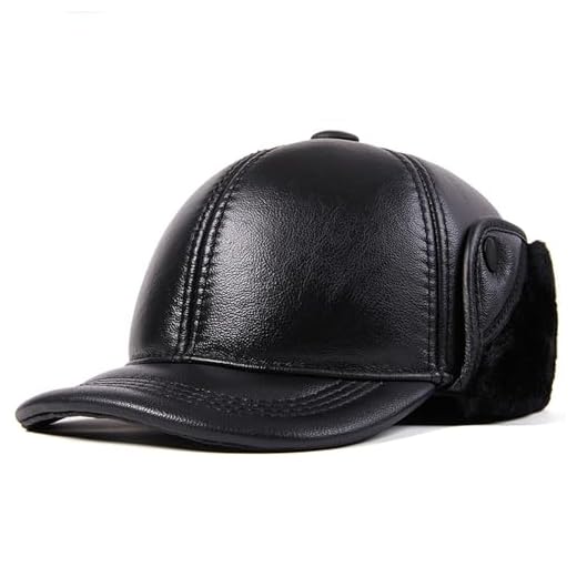 Vnook Men's Genuine Leather Earflaps Hat Warm Thick Baseball Cap with Earflaps, Warm Genuine Leather Baseball Cap, Cotton Peaked Cap(Nero,XXL)