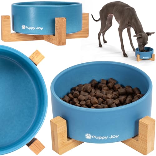 Ceramic Cat Dog Bowl Dish with Wood Stand No Spill Pet Food Water Feeder With Bamboo Stander (Blue)