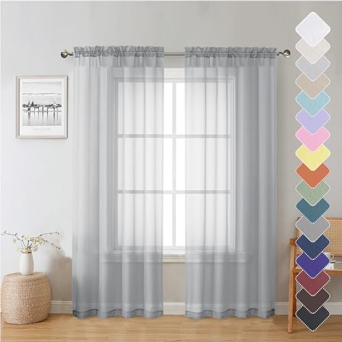 Lecloud Living Room Light Grey Sheer Curtains 72 Inch Long 2 Panels, Lightweight Solid Voile Silver Gray Curtain for Bedroom, Soft Gauzy Farmhouse Bedroom Drapes with Dual Rod Pockets, 40W x 72L