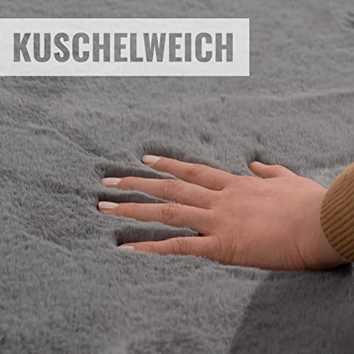 Schaffell-Imitat Vorleger, Lammfell Teppich, Kunstfell, flauschiger Schaffell Vorleger, Bettvorlerger, kleiner Teppich ca. 60x90cm Lonhair, Fell-Optik- KEIN ECHTFELL (Grau)