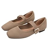 QICAVZW Mary Jane Shoes Women Ballet Flats with Arch Support, Flats for Women Square Toe Comfortable Knit Flats with Ankle Strap, Washable Casual Office Shoes Khaki