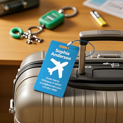 4 Pack Personalized Luggage Tags, Custom Engraved Aluminum Luggage Tags with Your Personalized Text, Waterproof Metal Name Tags with Steel Loop for Bags, Suitcase, Baggage, Backpack (Blue, Large)4
