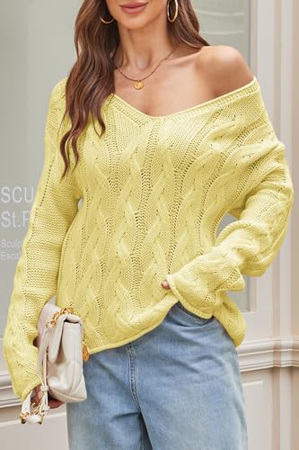 Image of Cakulo Womens Oversized V Neck Off The Shoulder Sweaters Cable Knit Pullover Fall Sweater 2025