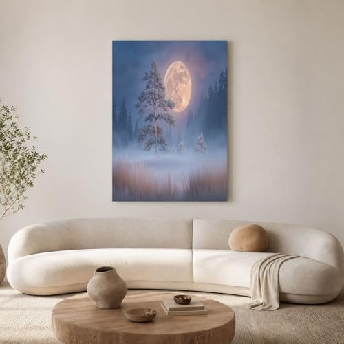 Décoration murale art toile tableau peinture forêt brumeuse salon bleu clair 70x100