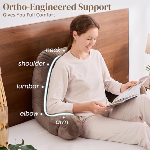 Image of Sasttie Reading Pillow for Bed, Back Pillow for Sitting Up, Light Brown | 23 inch Backrest Support Cushion for Couch, Sofa, and Floor, Dorm Essentials, OEKO-TEX, Adjustable Down Alternative Fill