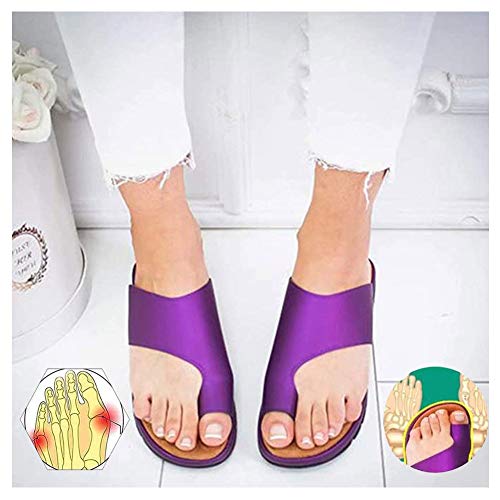 HUWAI-F Fußkorrektur Sandalen Sommer Frauen Schuhe Flache Sohle PU Leder Hausschuhe Rutschfest Verschleißfest Bequeme Hausschuhe für Orthopädische Big Toe Knochen Korrektur Strand Reise Lila 40 Cover