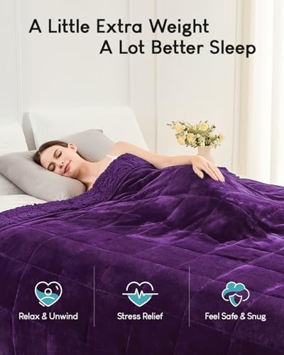 Cottonblue Weighted Blanket 15 lbs Queen Size, Flannel Shaggy Sherpa Weighted Blanket for Adults Comfortable Weighted Blankets for Calming and Relax, Bed Sofa Heavy Blankets, 60x80 inches, Purple