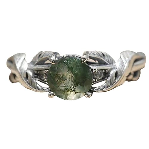 Moss Agate Ring for Women Silver Vintage Open Green Gemstone Rings for Wedding Fashion Engagement Jewelry Gifts