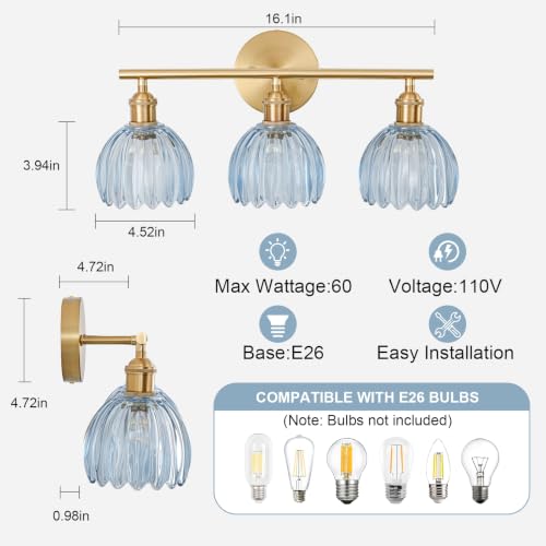 Image of Gold Bathroom Light Fixtures Over Mirror, 3 Light Bathroom Vanity Light with Tulip Blue Glass Lampshade, Vintage Vanity Lights for Bathroom, Bathroom Vanity Lights Over Mirror