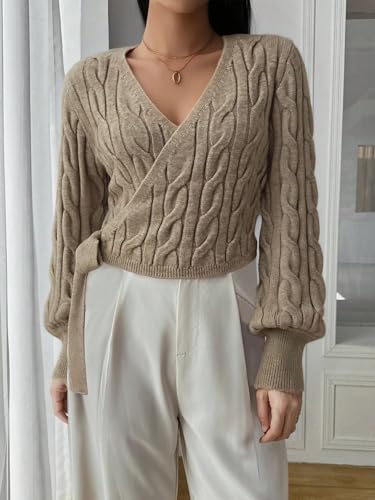 Image of ZAFUL Women's V Neck Sweater Lantern Long Sleeve Pullover Cable Knit Cross Crop Top Casual Tie Wrap Tunic Jumper Blouses