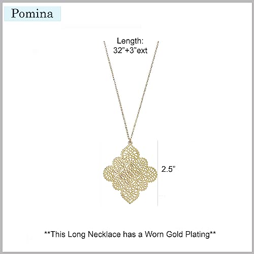 Pomina Gold Silver Geometric Filigree Pendent Long Necklace Casual Sweater Gold Chain Necklaces For Women (Worn Gold) #TOP4