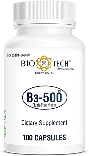 Bio-Tech Pharmacal B3-500, 100 Capsules – All-Natural Supplement – Supports Cardiovascular, Nerve, & Skin Health – No Dairy, Fish, Gluten, Peanut, Shellfish, GMOs, & Soy – No Artificial Colors