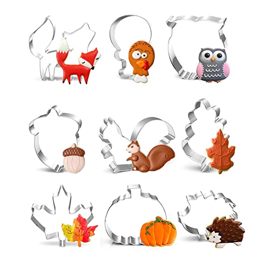 Herbst Ausstechformen, 9 Stück Erntedankfest Ausstecher Blätter Keksausstecher, Edelstahl DIY Fondant - Kürbis Ahornblätter Eichenblatt Igel Eichhörnchen Fuchs Eule Muster für Party Backen Thanksgivin