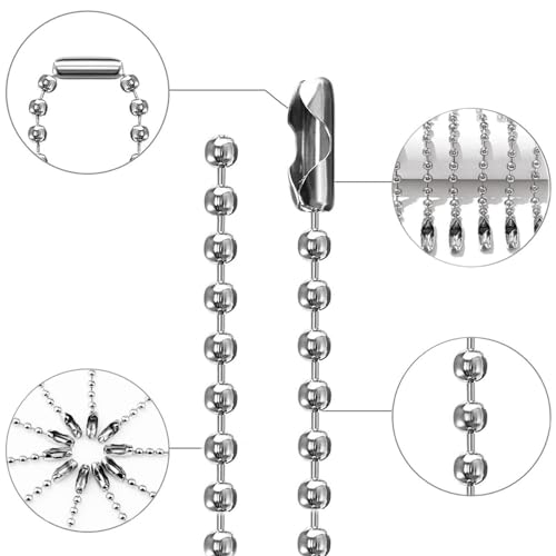 TRKETK 5 Meter Kugelperlenkette, Silberne Metallperlenkette Perlenrollo Zugkette Verlängerung Metallperlen Rollokette mit 30 passenden Anschlüssen (3.2 mm, Silber)