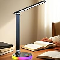 sakruda LED Desk Lamp,Eye-Caring Touch Control Table Lamp W/USB Charging Port,Stepless Dimmable Beside Reading Light,Foldable Desk Lamp W/Colored Night Light for Work,Kids Study,Home,Bedroom,Black