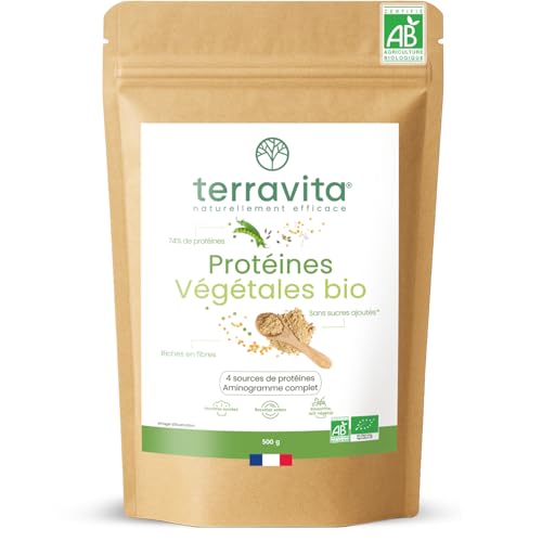 Protéines Végétales BIO | 4 Sources : Aminogramme Complet | Idéale en Shaker ou Recette | Mélange Onctueux sans Grumeaux | 500g Goût Neutre | Sans Excipients & Vegan | Made in France | Terravita