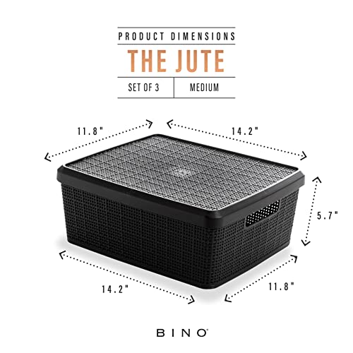 Bino | Plastic Storage Baskets With Lids, Medium - 3 Pack | The Jute Collection | Shelf Organizer Bins | Basket With Handle | Pantry Organization | Room Organization | Storage Bins | Plastic Baskets #TOP2