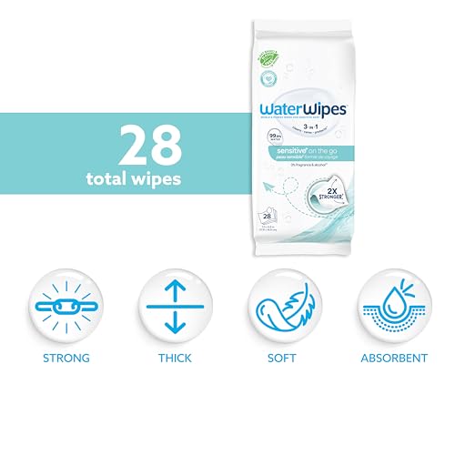 Image of WaterWipes Sensitive+ On The Go Wipes, 3-In-1 Cleans, Cares, Protects, 99.9% Water, Unscented & Hypoallergenic Wet Wipes, 28 Count (Pack of 2)