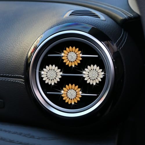 Image of Sunflower Air Vent Clips Car Accessories Bling Sunflower Air Freshener Outlet Clips for Women Car Interior Decorations Cute Flowers Cars Clips Air Fresheners Interior Accessories (4, Yellow and Beige)
