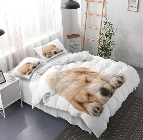 Leleyouzer Hund Bettwäsche Set, Hundemuster Bettwäsche für Jungen Mädchen Teenager, 1pc Mikrofaser Bettbezug mit Reißverschluss und 2pc Kissenbezug 50 x 75cm (D1, 135×200 cm)