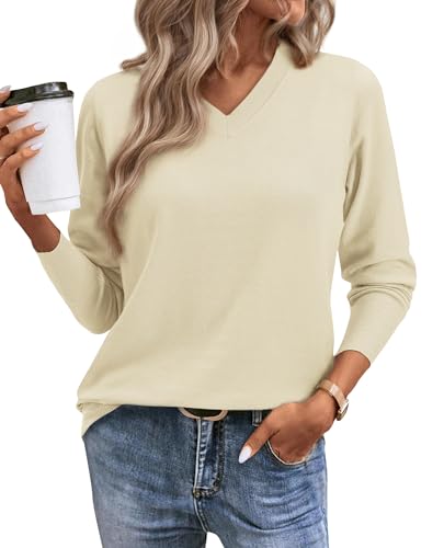 Image of Women's Spring Sweaters 2026 Casual Long Sleeve Pullover V Neck Lightweight Sweatshirts Cute Blouse Tops