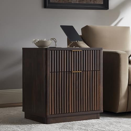 Image of T4TREAM 23'' Fluted Nightstand with Charging Station, Large 2 Drawer Bedside Table, Modern End Table with Storage, Mid Century Night Stand for Bedroom, Living Room, Curved Profile, Dark Walnut