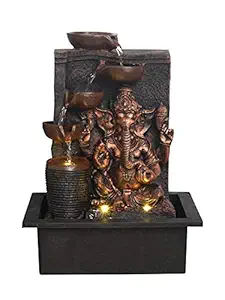 CHRONIKLE Polyresin Golden Brown Ganesha Idol TableTop Indoor 4 Diya Steps Water Fountain For Home Decor with LED Light & Water Flow Controller Pump ( Size: 39 x 29.5 x 22CM | Weight: 2195grm )