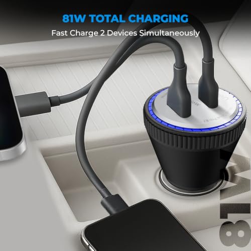 Image of MOZEN by Amkette 81W Dual Output Fast Car Charger with Type-C PD & USB, LED Indicator, Compatible with All Cars for iPhone & Android Smartphone, Smartwatch, Earbud, Power Bank (Black)