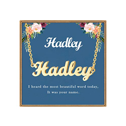 Ldurian Collar con nombre personalizado, collar con colgante de placa de nombre personalizado, joyería prefabricada para mamá, cumpleaños, aniversario, 194 Hadley, chapado en oro, No es una piedra