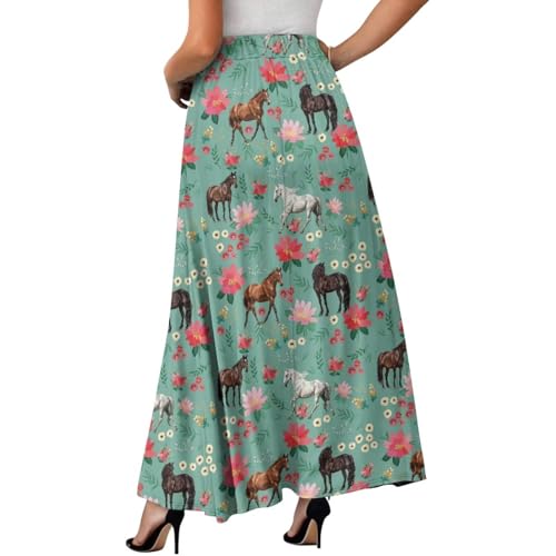 Long Skirts for Women with 2 Side Pockets A-Line Maxi Length Skirt Elastic Waistband S to 2XL Floral Printed Summer2