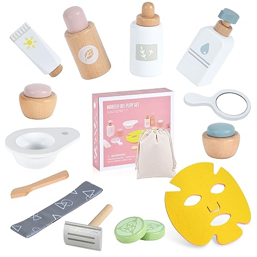 Image of WHOHOLL Wooden Makeup Toy Set, Pretend Beauty Salon Toys Skin Care Learning Toys for Toddler, Daycare Toys Christmas Birthday Gift for 3 4 5 6 Year Old Girls - Facial Cleanser, Mirror, Face Mask