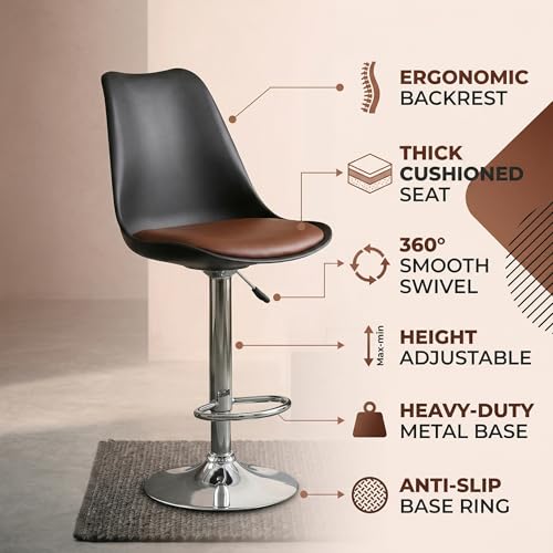 Image of RW Rapid Bar Stool Chair with Height Adjustable Design, Padded Seat & Footrest | Modern Metal Counter Stool for Kitchen, Home, Bar & Cafe Seating | Durable Comfort Chair| (Black & Tan, Set of 1)