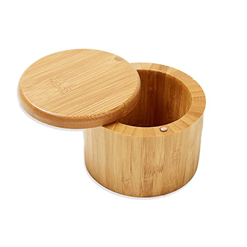Tarro Condimento Sal Bambú Natural Caja Sal Contenedor Tapa Giratoria Salero Cocina de Bambú Caja,con Contenedor de Tapa Giratoria para Cocina y Hogar,para Especias,Salero,para Cocina,Restaurante Cover