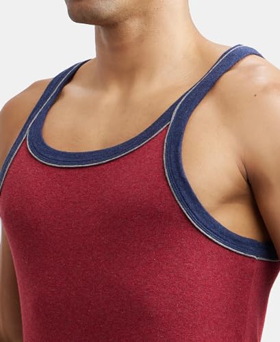 Image of Jockey US54 Men's Super Combed Cotton Rib Square Neckline Gym Vest with Back Panel Graphic Print (Shoulder Starp Color May Vary)