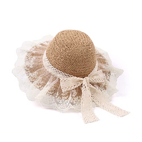 Baby Girl Straw Hat 3-6 Years Girls Summer Beach Hats with Bowknot Sun Protection Hats for Kids (Khaki Lace)