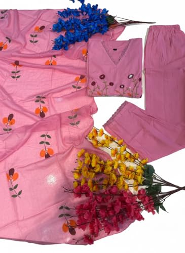 Image of Traditional Floral Embroidered Cotton Kurta Set with Dupatta