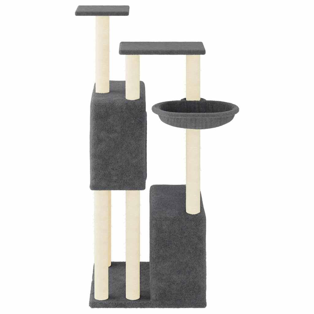 Kratzbaum 122 cm Katzenkratzbaum mit Sisal Dunkelgrau | Stabiles Katzenmöbel fürs Wohnzimmer mitzwei gemütlichen Höhlen und Liegemulde zur Krallenpflege.