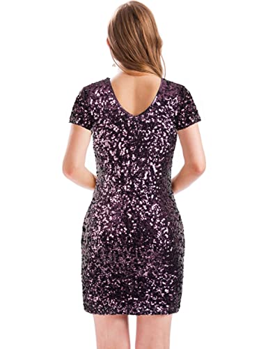 Image of MANER Women's Sequin Glitter Short Sleeve Dress Sexy V Neck Mini Party Club Bodycon Dresses