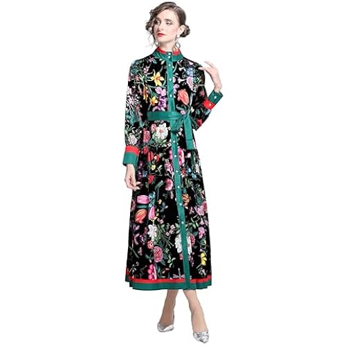 LAI MENG FIVE CATS Women's Vintage Floral Print Long Lantern Sleeve Button Up Loose Fit Party Maxi Dress